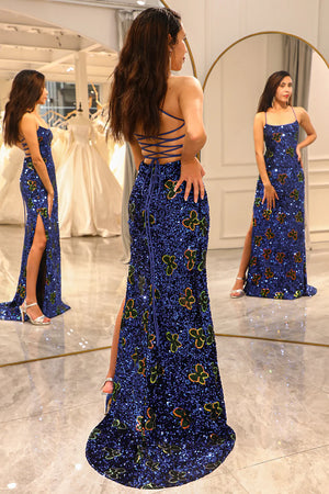 Sparkly Sequin Royal Blue Spaghetti Straps Lace Up Prom Dress With Slit