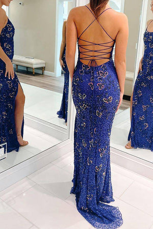Royal Blue Mermaid Spaghetti Straps Long Prom Dress with Butterflies