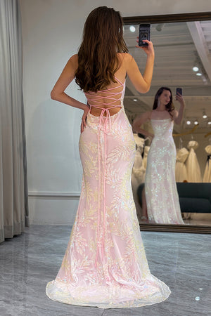 Cute Mermaid Spaghetti Straps Lace Up Long Pink Prom Dress With Split