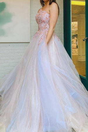 Blush A Line One Shoulder Long Tulle Prom Dress with Appliques