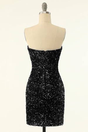 Black Sparkly Sequins Strapless Bodycon Cocktail Dress