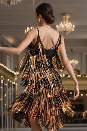 Black Golden Sparkly Sequin Flapper Cocktail Dress With Fringes
