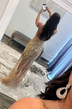 Sparkly Gold Spaghetti Straps Long Sequin Prom Dress with Slit