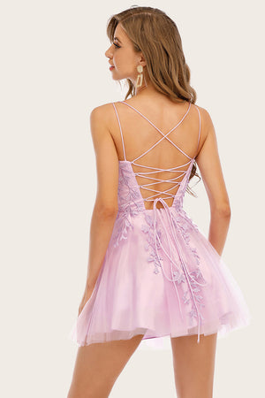 Lilac Spaghetti Straps A Line Homecoming Dress With Applique