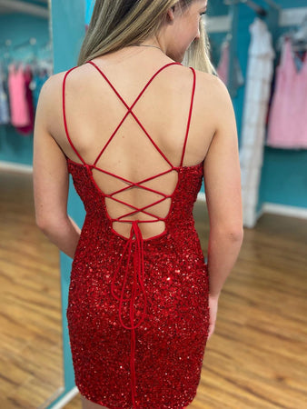 Dark Red Sparkly Sequin Lace-up Back Short Homecoming Dress
