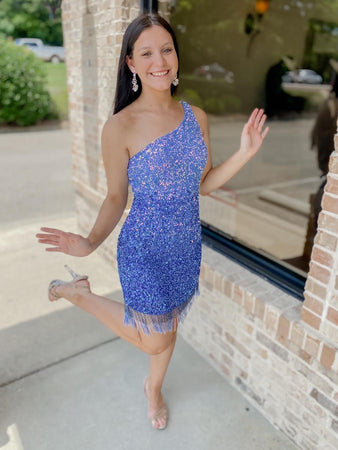 Blue One Shoulder Glitter Homecoming Dress With Tassels
