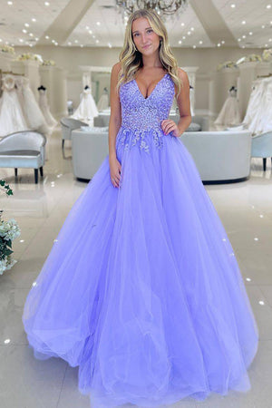 Gorgeous A-Line V Neck Long Tulle Prom Dress with Appliques