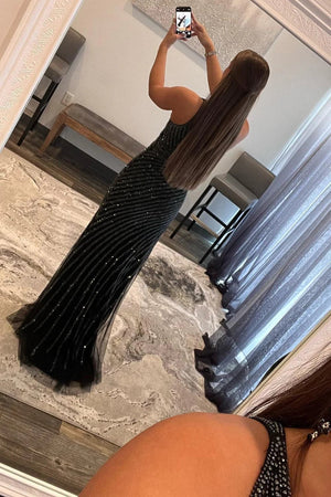 Sparkly Black Sequins Cut-Out Waist Long Prom Dress with Slit