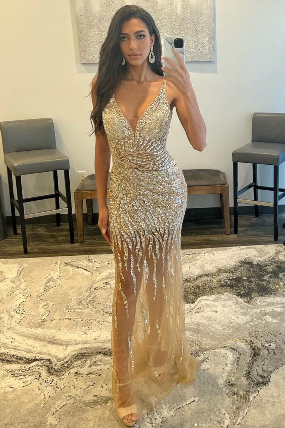 Golden Beaded Mermaid V-Neck Backless Long Prom Dress
