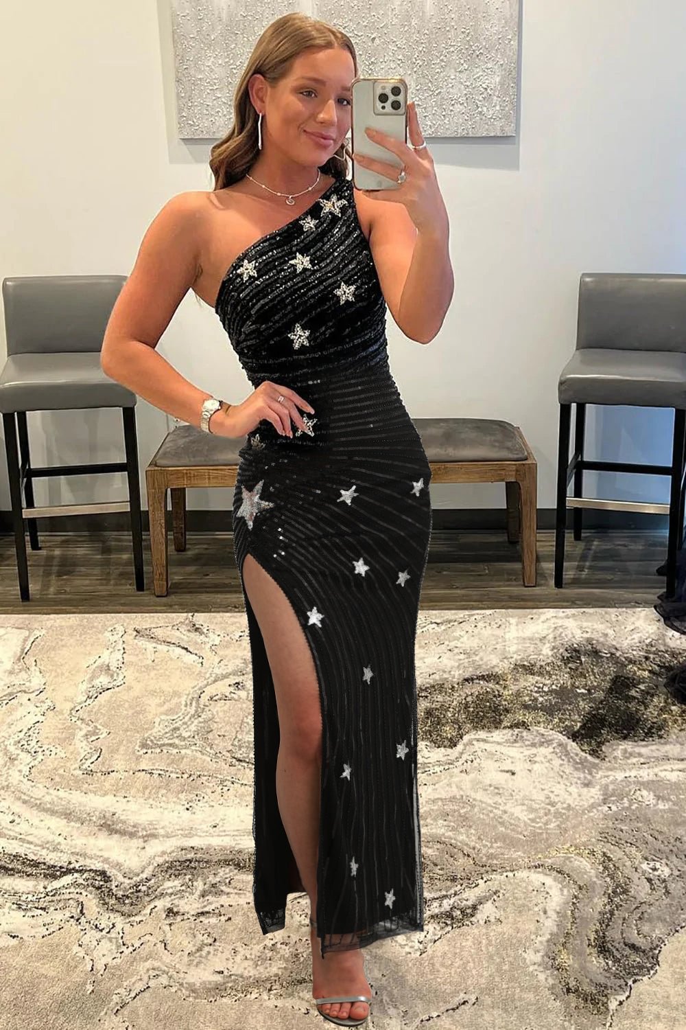 Sparkly Sequins Black Mermaid One Shoulder Long Prom Dress with Stars