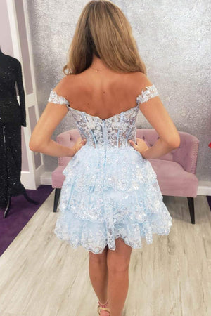 Sparkly Blue Corset Tiered Lace A-Line Short Homecoming Dress