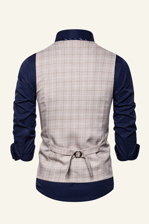 Ivory Plaid Single-Breasted Men's Dress Vest With Belt Back