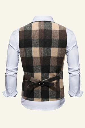 Brown Plaid Single-Breasted Men's Dress Vest With Belt Back