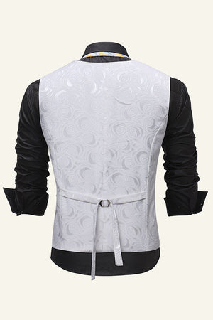 White Jacquard Men's Dress Vest With Belt Back