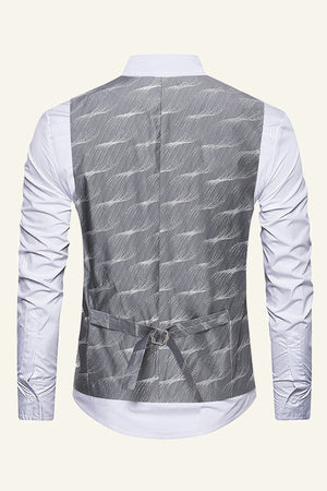 Grey Printed Double-Breasted Men's Dress Vest With Belt Back