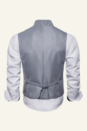 Light Grey Solid Notch Lapel Men's Dress Vest With Belt Back