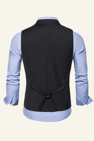 Black Peaked Lapel Double Breasted Men's Dress Vest With Belt Back