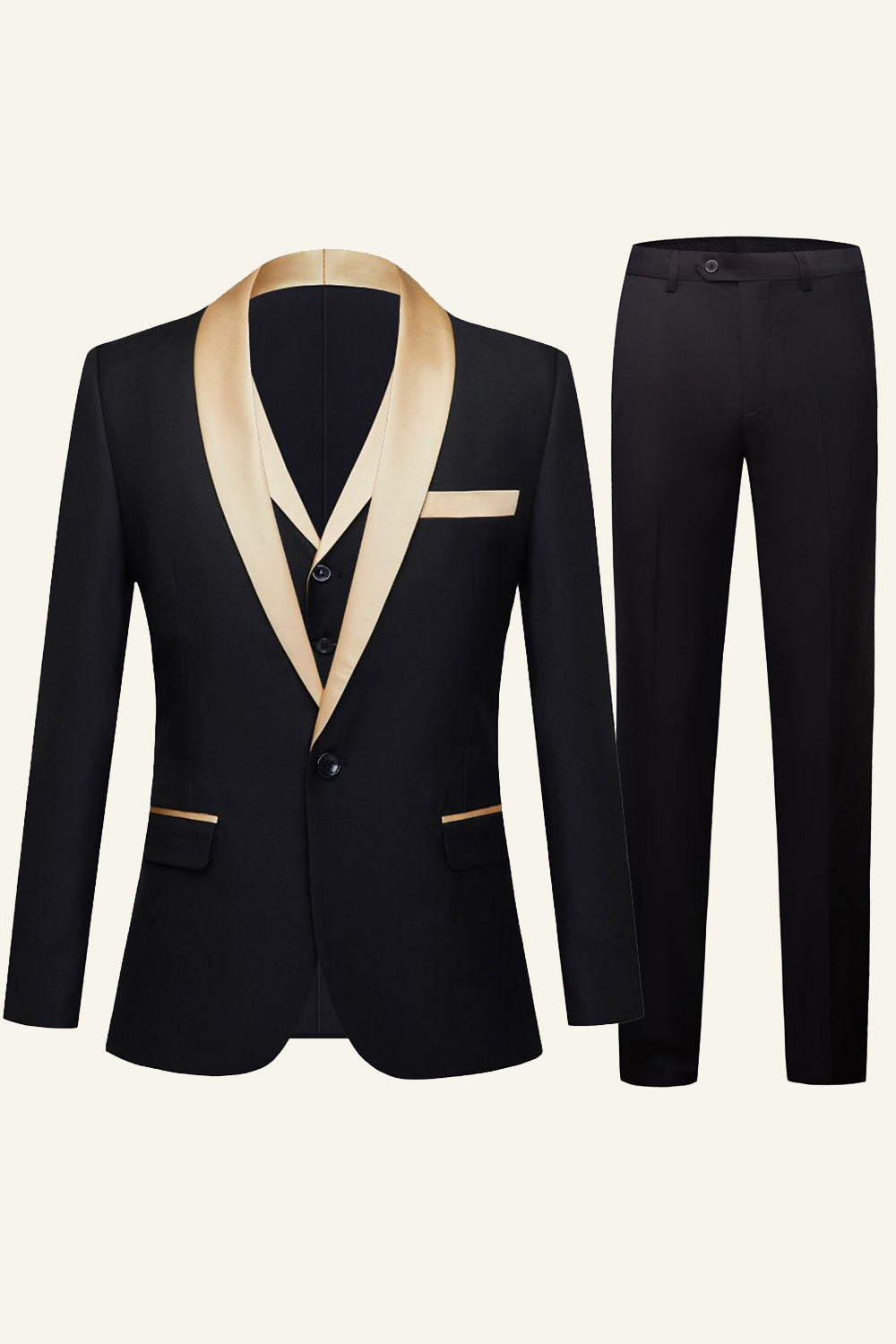 Black Vested 3 Piece Shawl Lapel Men's Suit