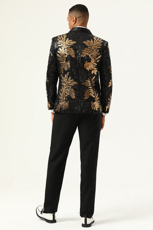 2-Piece Black Golden Leaves Embroidery Slim Fit Sequin Tuxedo