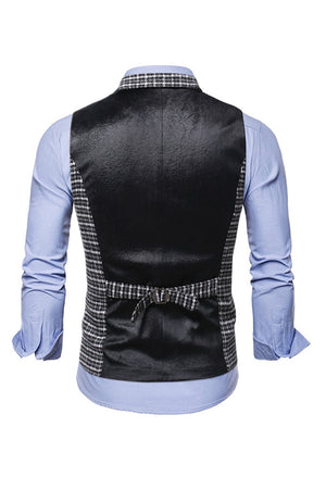 Black Plaid Peaked Lapel Men's Suit Vest 7-Piece Set
