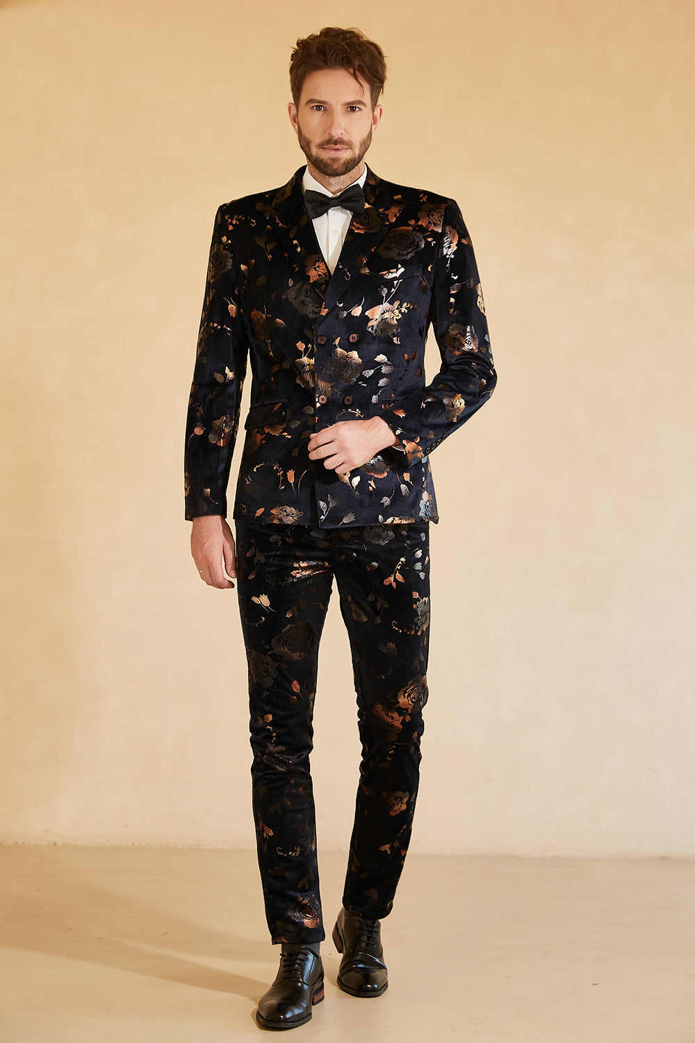 Black 3 Piece Printed Double Breasted Peaked Lapel Men Suit