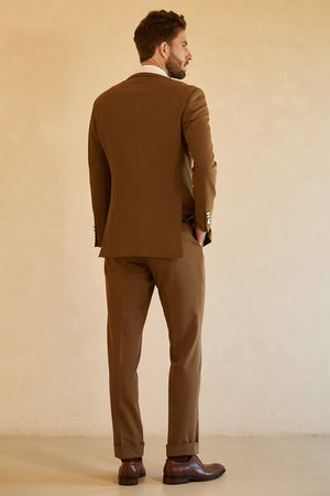 Brown 3 Piece Peaked Lapel Color Block Men Tuxedo Suit