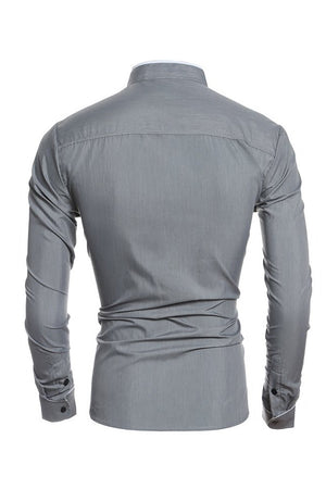 Grey Stand Collar Cotton Long Sleeves Shirt