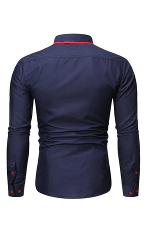 Navy Button-Down Collar Patchwork Casual Shirt