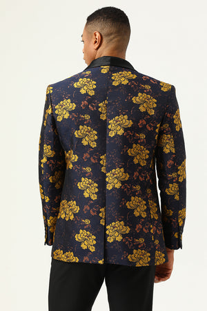 Navy Jacquard Embroidered Flower Print Men's Tuxedo Jacket