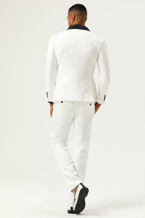 White 2-Piece Shawl Lapel Jacquard Double-Breasted Men's Suit Tuxedo