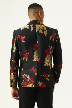 Black Peaked Lapel Jacquard Print Double-Breasted Men Suit Blazer