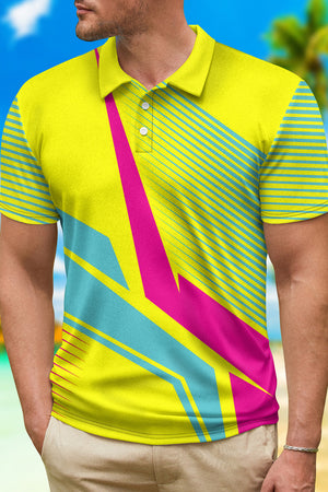 Yellow Geometric Printed Short Sleeves Casual Polo Shirt