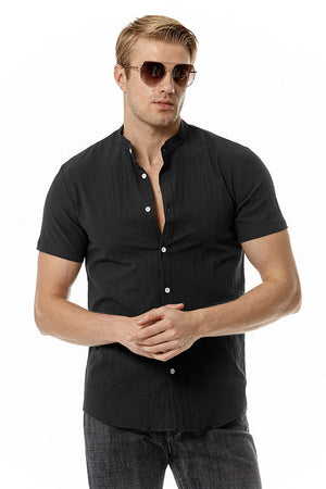 Men's Black Short Sleeves Single-breasted Casual Shirt
