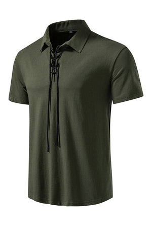 Army Green Short Sleeves Lace-up Collar Casual Polo Shirt