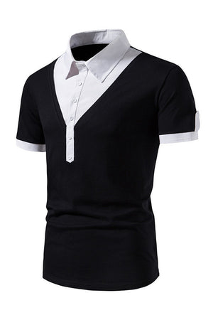 Black White Patchwork Short Sleeves Casual Polo Shirt