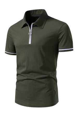 Army Green Zipper Collar Short Sleeves Casual Polo Shirt