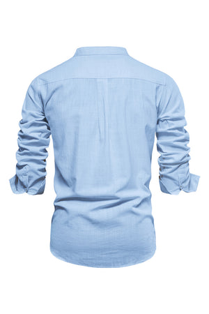 Light Blue Stand Collar Short Sleeves Casual Shirt