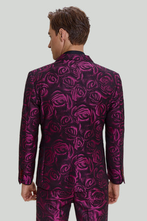 Fuchsia Floral Jacquard 3 Piece Notch Lapel Men's Suits