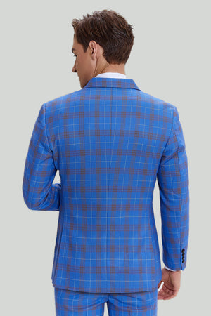 Blue Plaid 3 Piece Peaked Lapel Double-Breasted Men's Suits