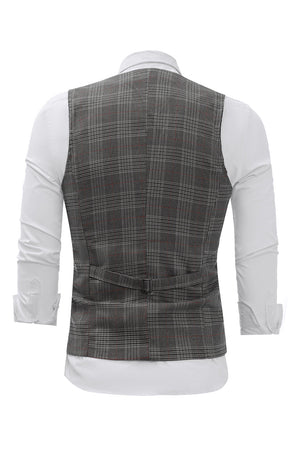 Grey Plaid Single-Breasted Men's Vest 3-Piece Set