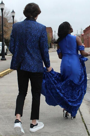 Men's Blue Jacquard 2-Piece Shawl Lapel One Button Prom Suits