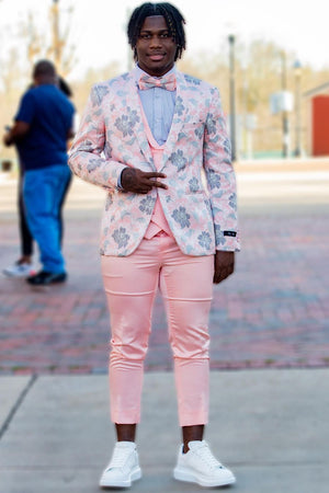 Men's Light Pink Jacquard 3-Piece Shawl Lapel One Button Prom Suits