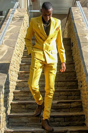 Yellow 2-Piece Notched Lapel Double Breasted Prom Suits