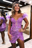Sparkly Off the Shoulder Black Tight Short Homecoming Dress with Feathers