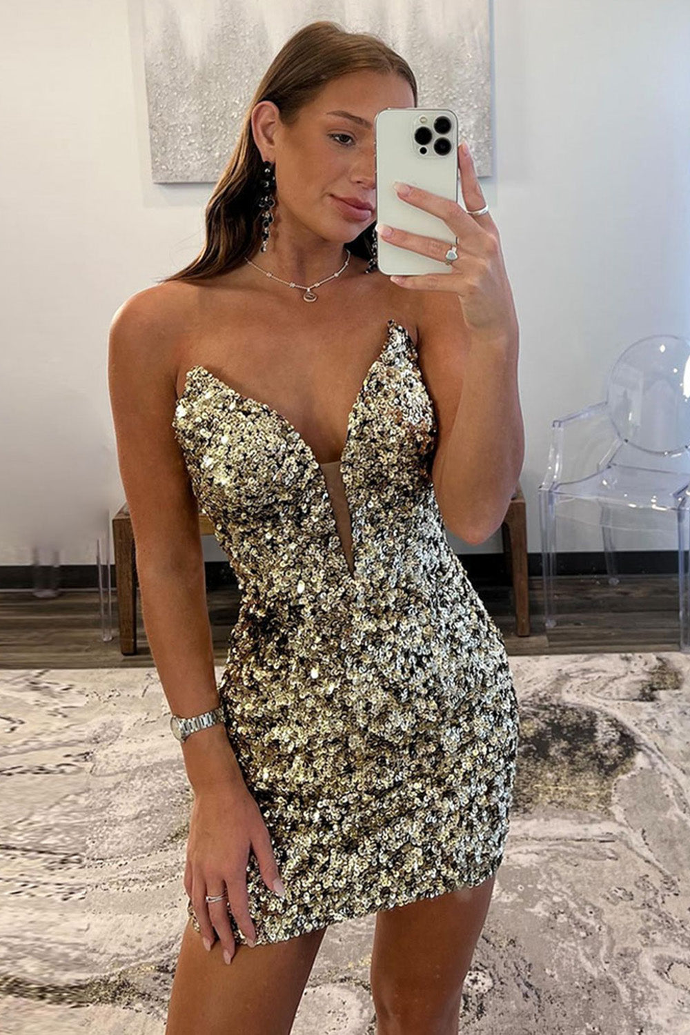 Gold Sparkly Sequin Bodycon Strapless Short Homecoming Dress