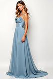 Dusty Blue A Line Spaghetti Straps Long Wedding Guest Dress