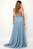 Dusty Blue A Line Spaghetti Straps Long Wedding Guest Dress