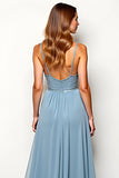 Dusty Blue A Line Spaghetti Straps Long Wedding Guest Dress