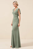 Eucalyptus Sheath V Neck Cap Sleeves Long Bridesmaid Dress with Slit
