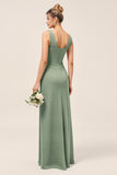 Eucalyptus V Neck Sheath Long Bridesmaid Dress with Slit